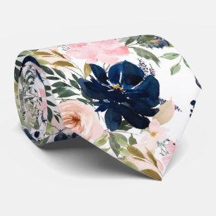 PixDezines Blush Pink Navy Blue Watercolor Flowers Tie