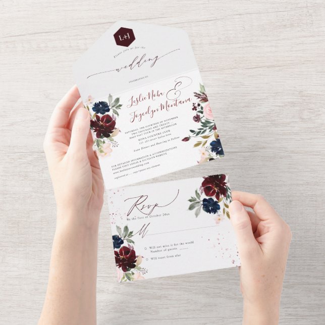 PixDezines Blush Pink Navy Burgundy H2 Flowers All In One Invitation (Tearaway)