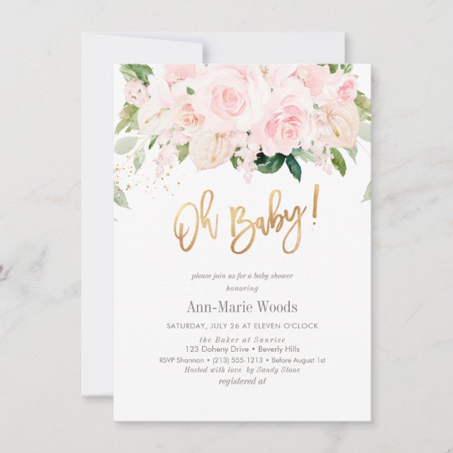 PixDezines Blush Roses Anthuriums Baby Shower Invitation (Front)