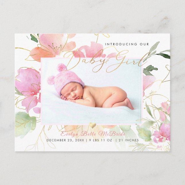 PixDezines Blush Watercolor flowers Girl Birth Postcard (Front)