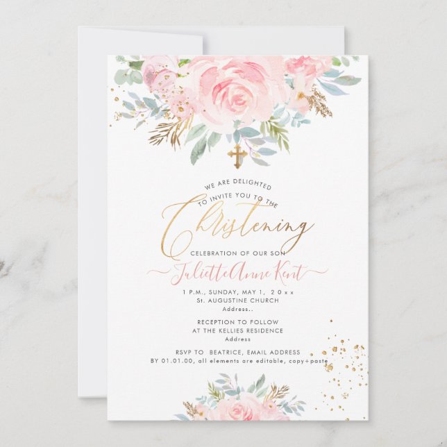 PixDezines Blush Watercolor Roses Christening  Invitation (Front)