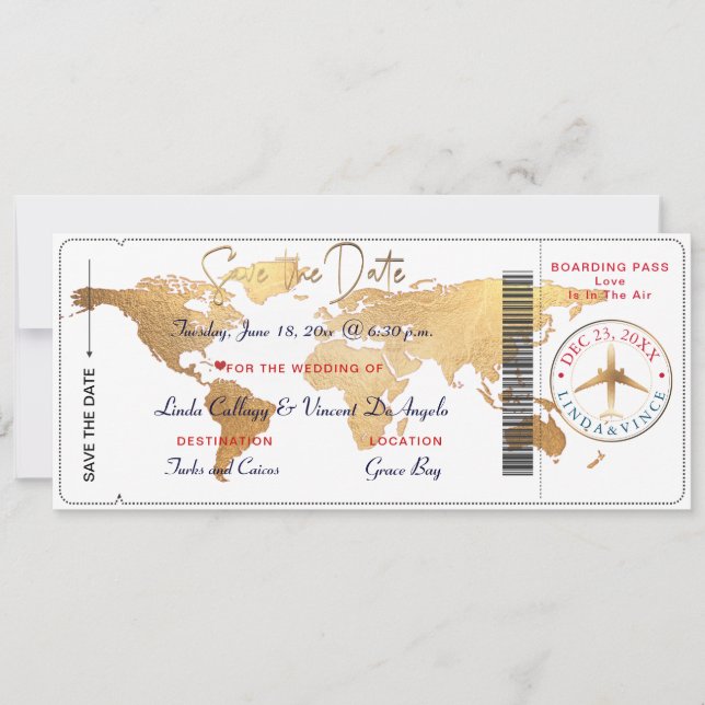 PixDezines Boarding Pass Save the Date, World Map Invitation (Front)