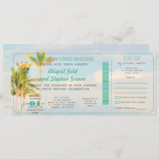 PixDezines Boarding Pass+Vintage Beach Wedding Invitation (Front/Back)