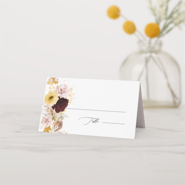PixDezines Boho Autumn Blush Roses Burgundy  Place Card (Front)