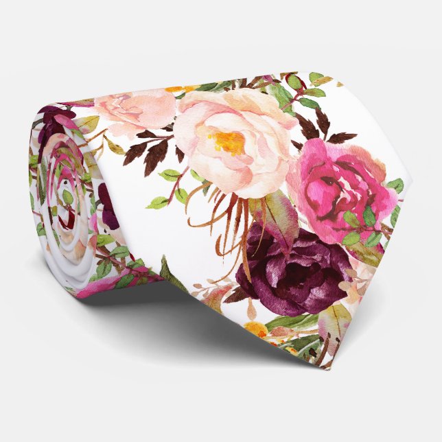 PixDezines Boho Blush Burgundy Watercolor Flowers Tie (Rolled)