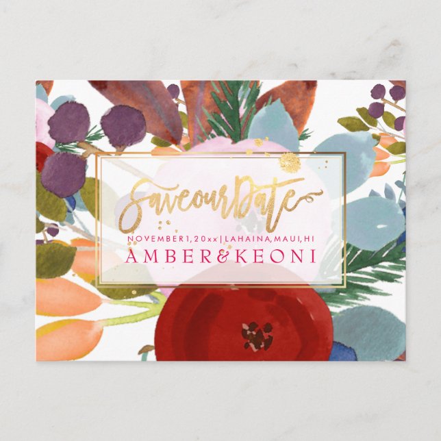PixDezines Boho Floral Watercolor Save Date Announcement Postcard (Front)