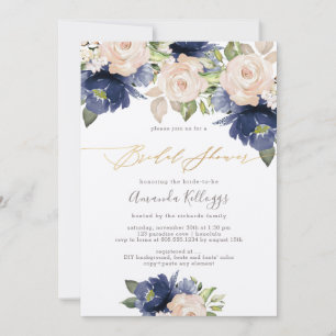 PixDezines Bridal Shower Navy Blush Roses Invitation