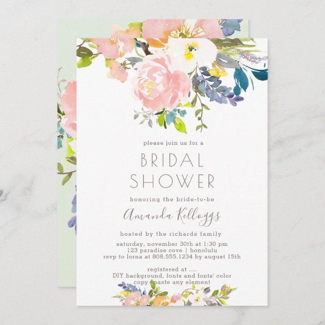 PixDezines Bridal Shower Pastel Watercolor Flowers Invitation (Front/Back)