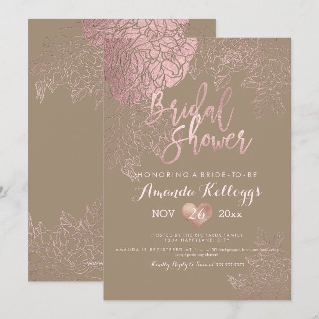 PixDezines Bridal Shower/Roses/ROSE GOLD/Faux Foil Invitation (Front/Back)