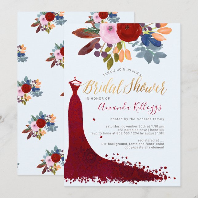 PixDezines Bridal Shower Watercolor Red+Blue Invitation (Front/Back)