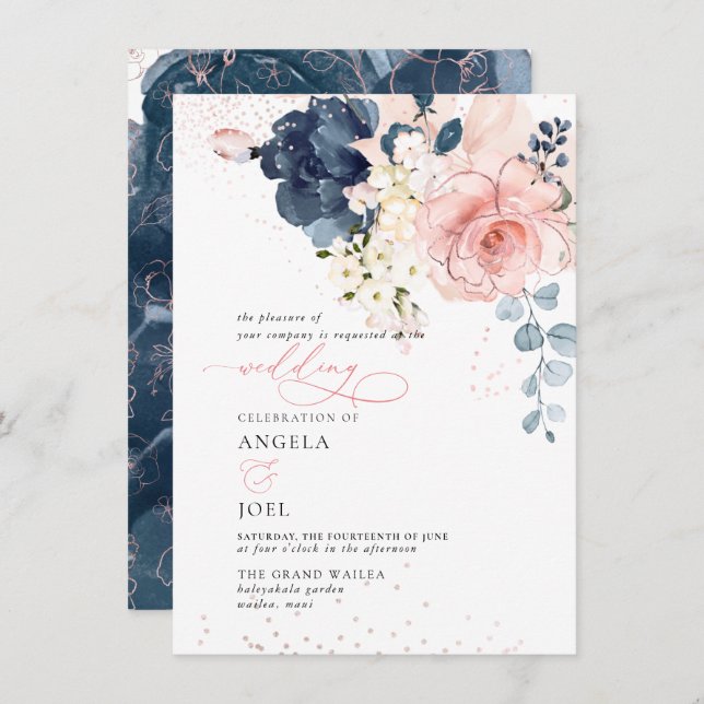 PixDezines Brunch Bubbly Navy Blush H2 flowers Inv Invitation (Front/Back)