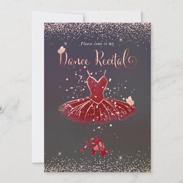 PixDezines Burgundy Tutu Butterflies Dance Recital Invitation (Front)