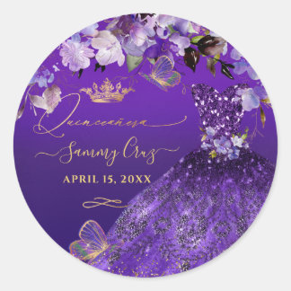 PixDezines Butterflies Quinceanera, Dark Purple In Classic Round Sticker