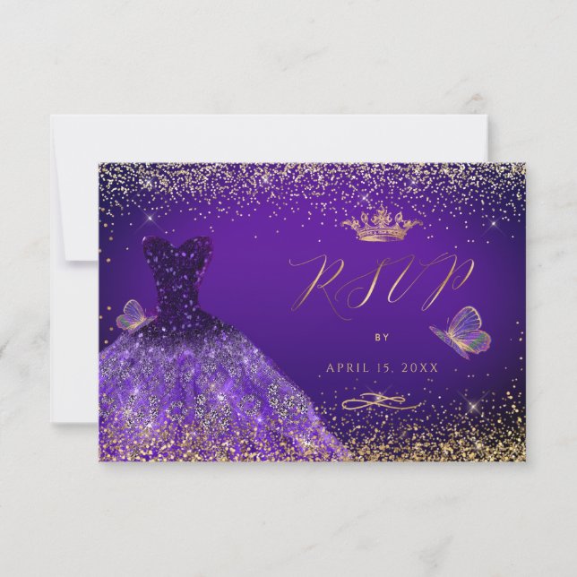 PixDezines Butterflies Quinceanera RSVP, Purple Invitation (Front)