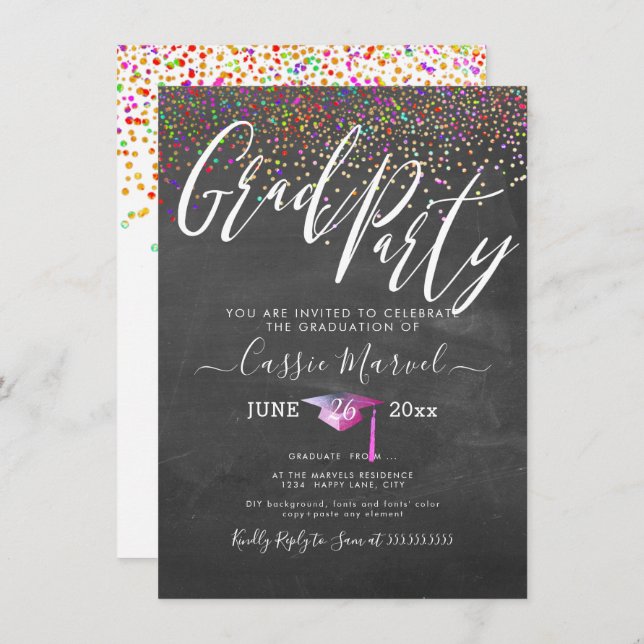 PixDezines Chalkboard Confetti Grad Party Invitation (Front/Back)