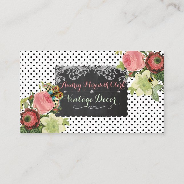 PixDezines chalkboard+vintage roses Business Card (Front)