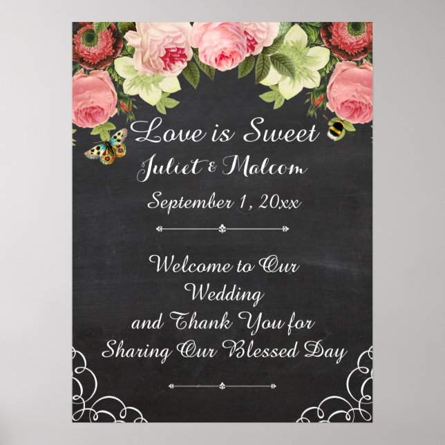 PixDezines  chalkboard/vintage roses/reception Poster (Front)