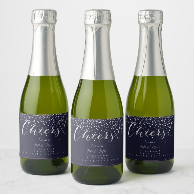 PixDezines Cheers Faux Silver+Navy Blue Sparkling Wine Label (Bottles)