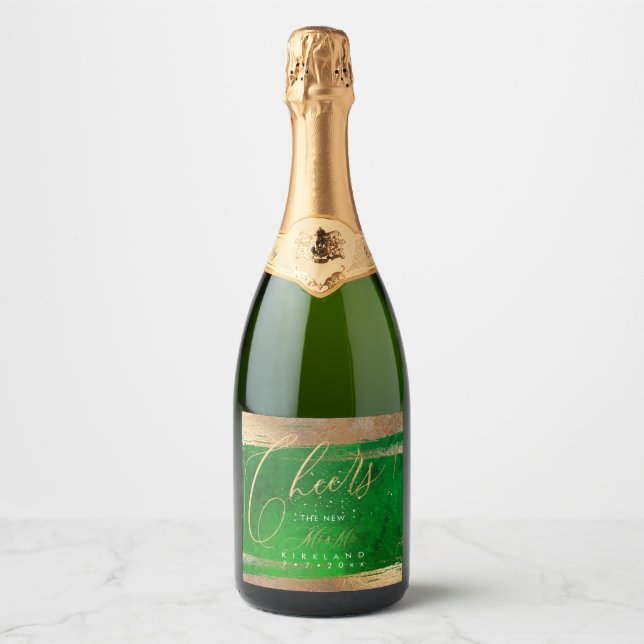 PixDezines Cheers Gold Brush Strokes Emerald Vibe Sparkling Wine Label (Front)