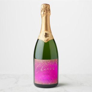 PixDezines Cheers Hot+Flashy Pink+Gold Glitter Sparkling Wine Label