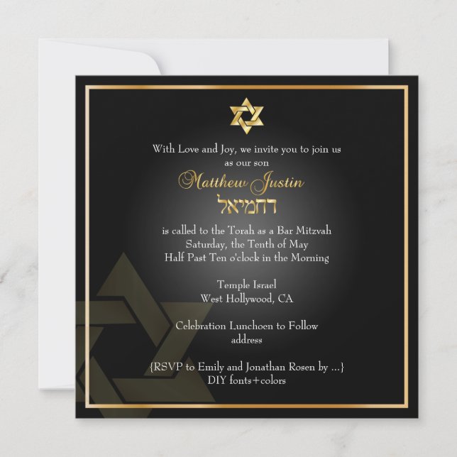 PixDezines Classic Bar Mitzvah/gold+black Invitation (Front)