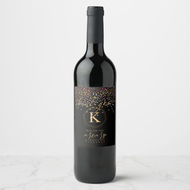 PixDezines Confetti+Monogram A-Z, New Mr. Mrs. Wine Label (Front)