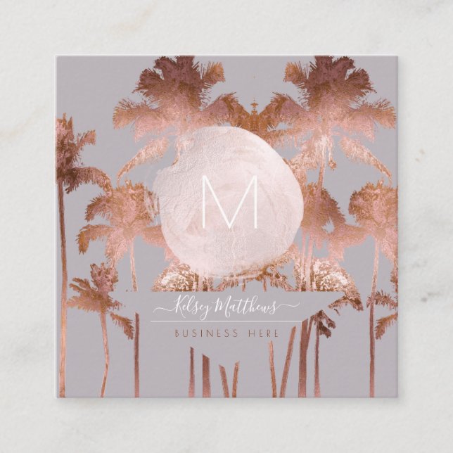 PixDezines Copper Palms+Glam Monogram Square Business Card (Front)
