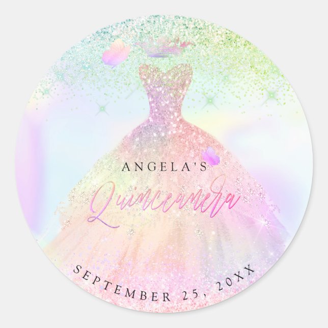 PixDezines Cotton Candy Holographic Quinceanera Classic Round Sticker (Front)