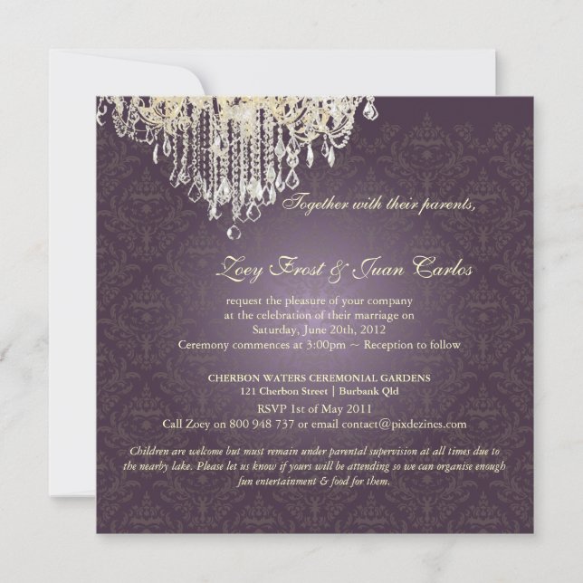PixDezines Crystal Chandelier + Celine Damask Invitation (Front)