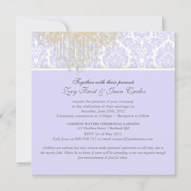 PixDezines Crystal Chandelier+Moiré Damask/purple Invitation (Front)
