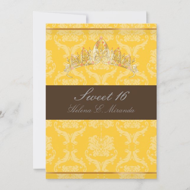 PixDezines Damask Sweet 16/ tiara/yellow+chocolate Invitation (Front)