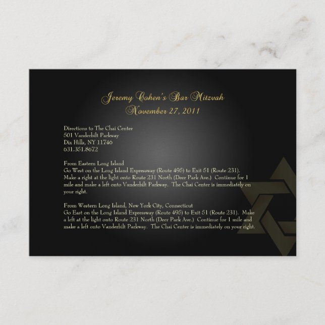 PixDezines directions, Bar Mitzvah/black+gold Enclosure Card (Front)