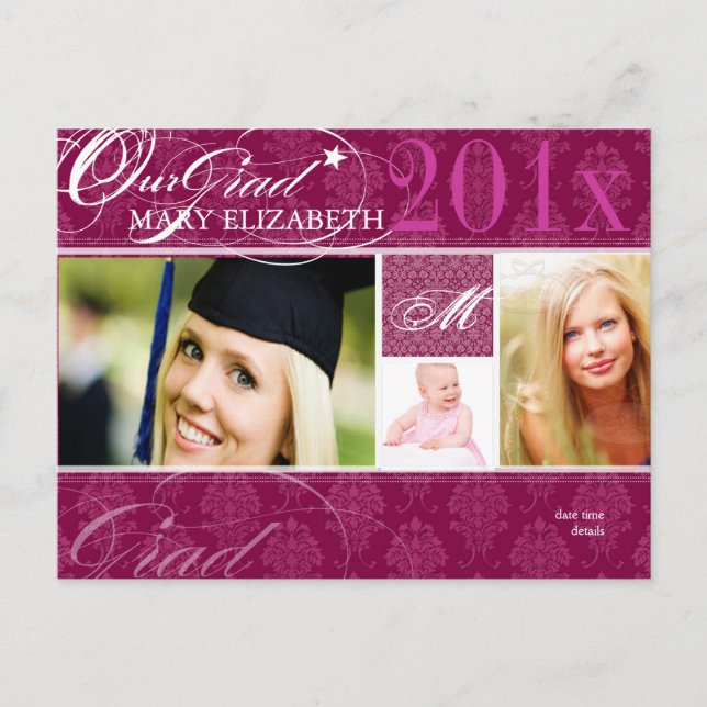 PixDezines DIY colour, Damask Graduation Invitation Postcard (Front)