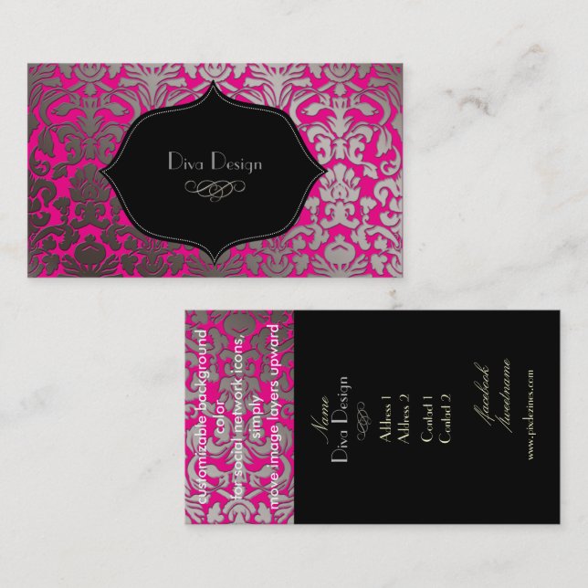 PixDezines DIY colour/hot pink flora damask Business Card (Front/Back)