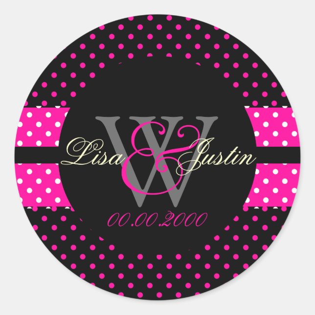 PIxDezines DIY colours, Dots et al./hot pink+black Classic Round Sticker (Front)