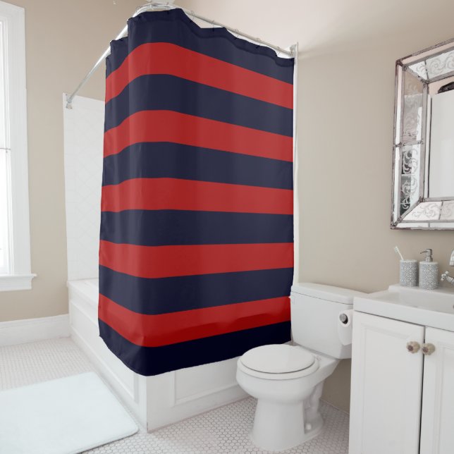 PixDezines DIY Colours Red Navy Stripes Adjustable Shower Curtain (In Situ)