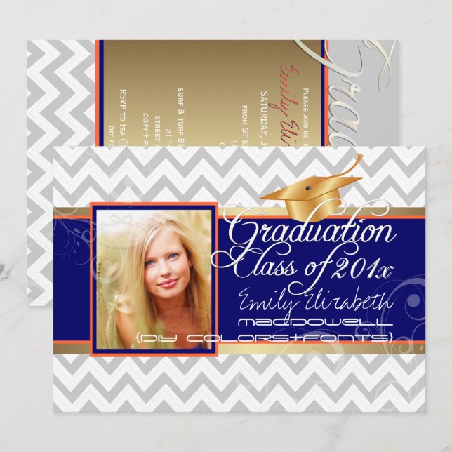 PixDezines diy colours/white chevron/graduation Invitation (Front/Back)