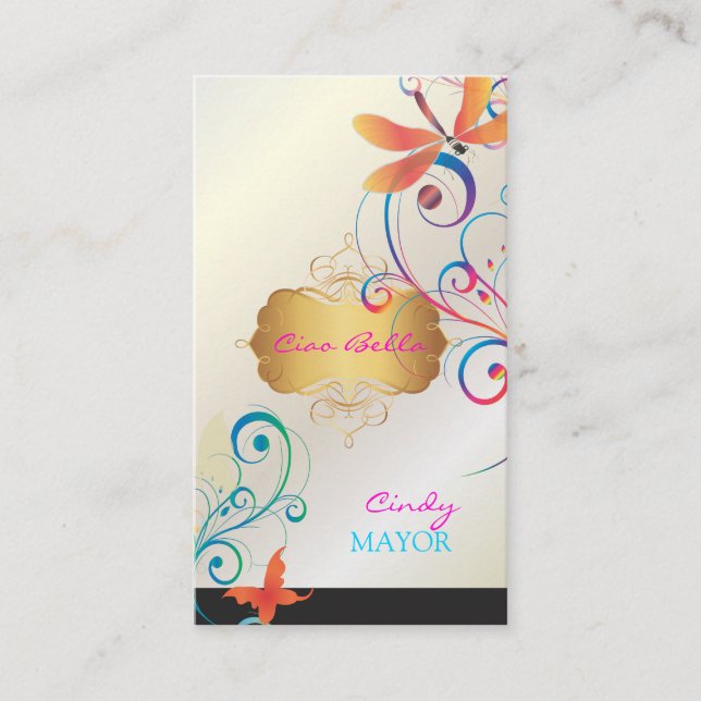 PixDezines Dragonflies Butterflies Rainbow Swirls Business Card (Front)