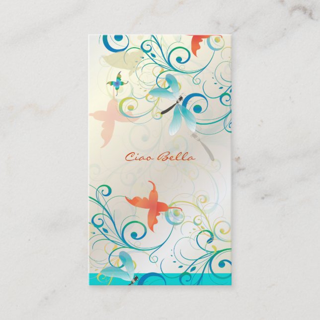 PixDezines Dragonflies Butterflies Rainbow Swirls Business Card (Front)