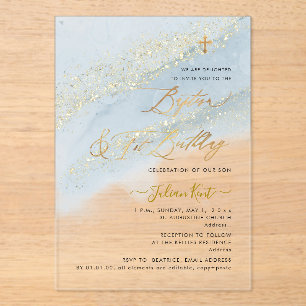 PixDezines Dusty Blue Gold Baptism+1st Birthday Acrylic Invitations