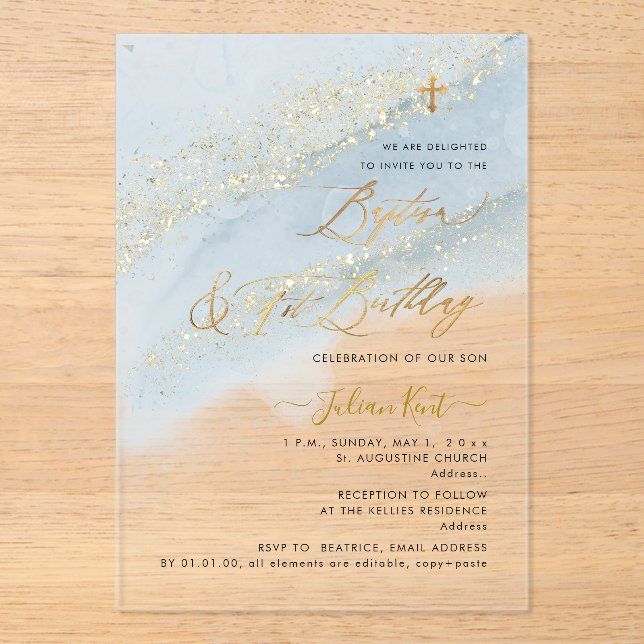 PixDezines Dusty Blue Gold Baptism+1st Birthday Acrylic Invitations (Front)