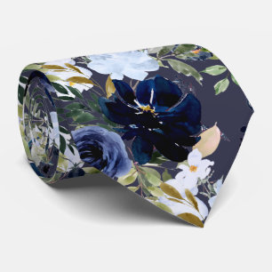 PixDezines Dusty Blue Navy Blue Watercolor Flower Tie