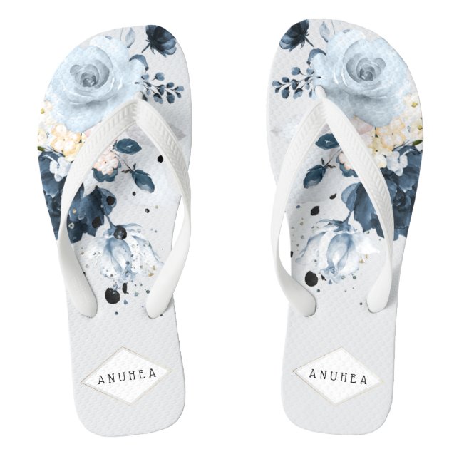 PixDezines Dusty Blue + Navy Watercolor Roses Jandals (Footbed)
