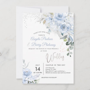 PixDezines Dusty Blue Roses Faux Silver Glitter Invitation