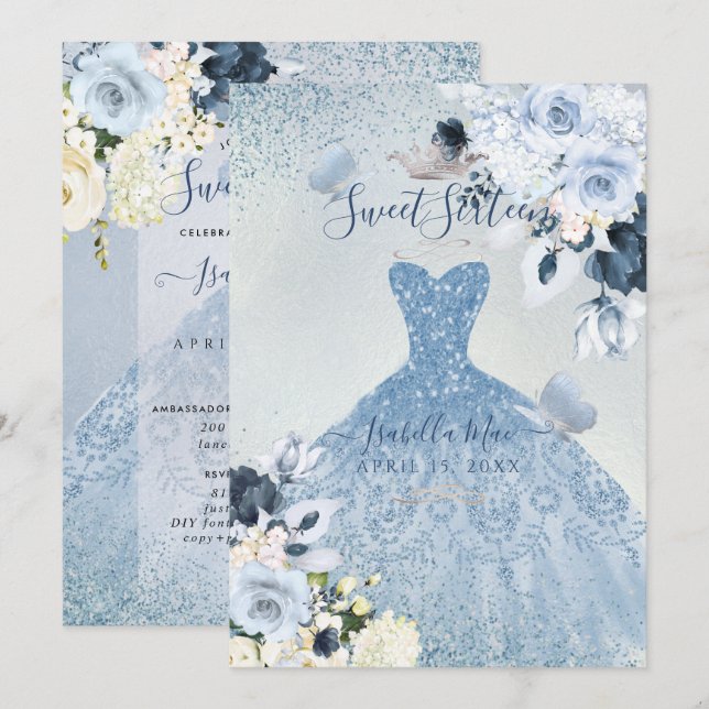 PixDezines Dusty Blue Roses Sweet Sixteen Invitation (Front/Back)