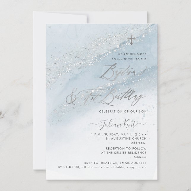 PixDezines Dusty Blue Silver Baptism+1st Birthday Invitation (Front)