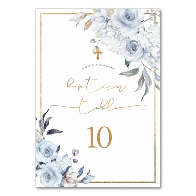 PixDezines Dusty Blue Watercolor Flowers Baptism Table Number (Front)