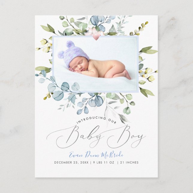 PixDezines Dusty Blue Watercolor flowers Boy Postcard (Front)
