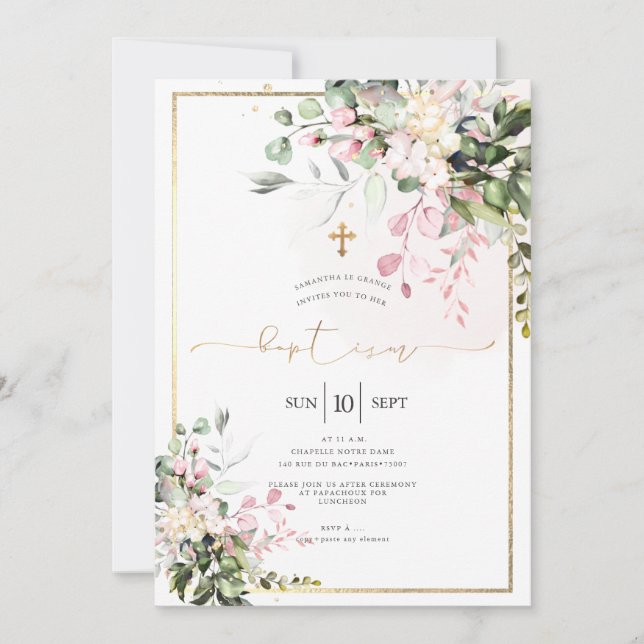 PixDezines Dusty Pink, Rustic Watercolor Baptism Invitation (Front)