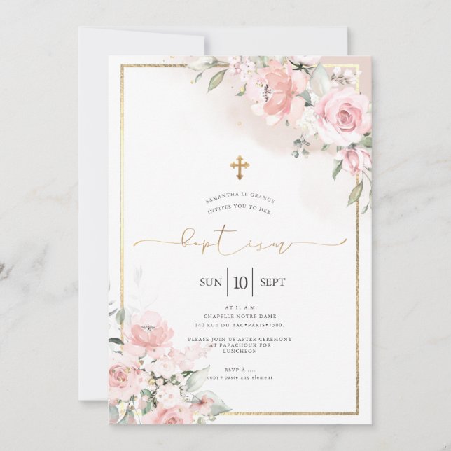 PixDezines Dusty Roses, Rustic Watercolor Baptism Invitation (Front)